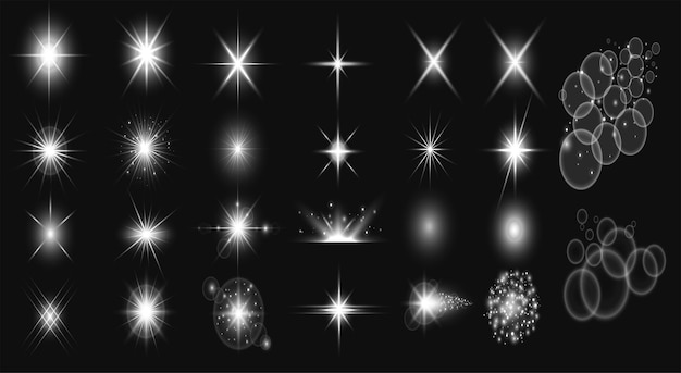 Set de flare de lente realista com explosão de luz brilhante Fogos de artifício e efeito de luz design eps vetor