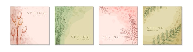 Vetor set de fundo abstrato de aquarela floral de primavera modelo de postagem quadrada de mídia social
