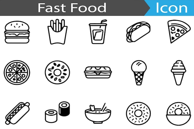 Set de ícones da web de linha fina mínima de fast food Contorno de ícone plano conjunto de ilustração vetorial de coleção