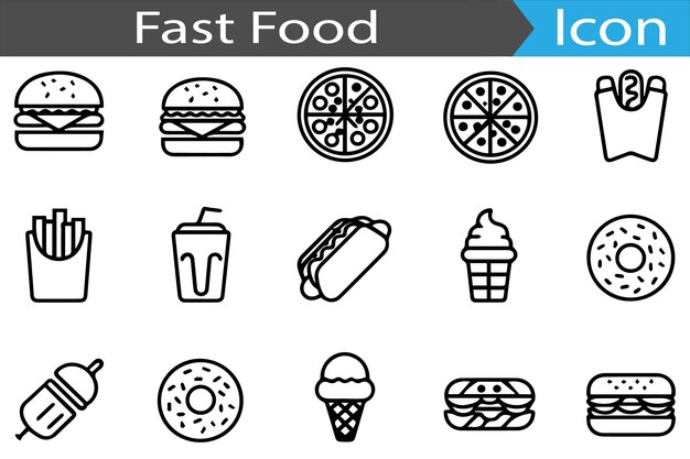 Set de ícones da web de linha fina mínima de fast food Contorno de ícone plano conjunto de ilustração vetorial de coleção