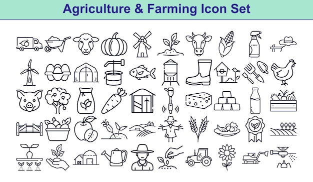 Set de ícones de agricultura e pecuária Equipamento de colheita de gado em branco