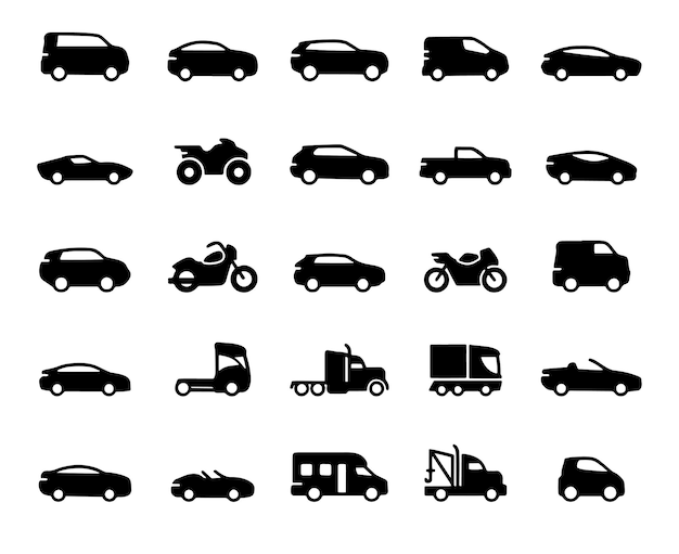 Set de ícones de caminhões de transporte Moto Auto Bicycle Pickup