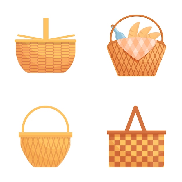 Set de ícones de cesta de piquenique vector de desenho animado cesta de vime cheia de comida