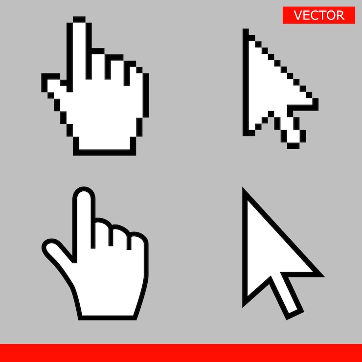 Vetor set de ícones de cursor de seta branca e ponteiro de mão pixel e versão moderna de sinais de cursores