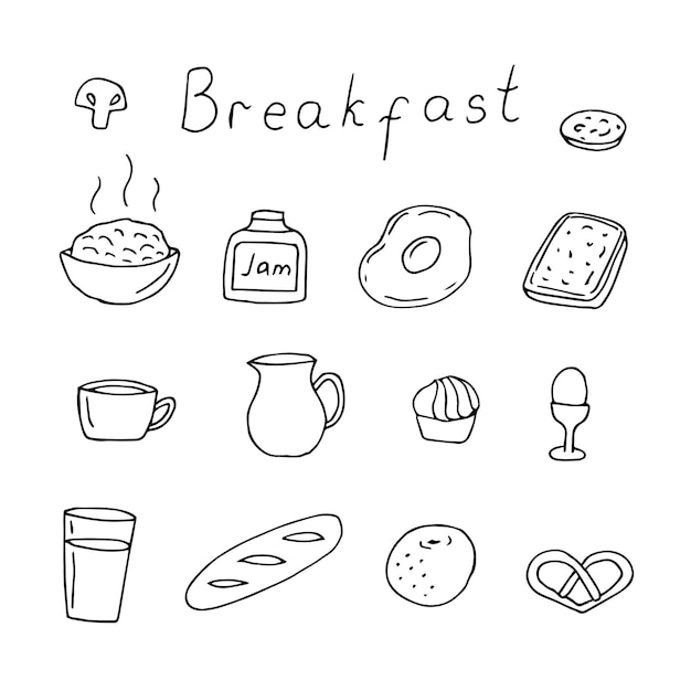 Vetor set de ícones de hora de pequeno-almoço ilustração vetorial de alimentos desenho à mão