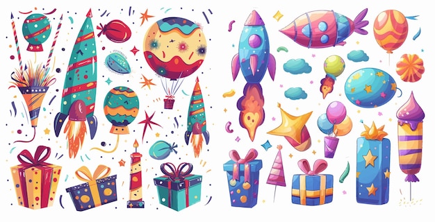 Set de ícones de ilustração vetorial de balões e cupcakes