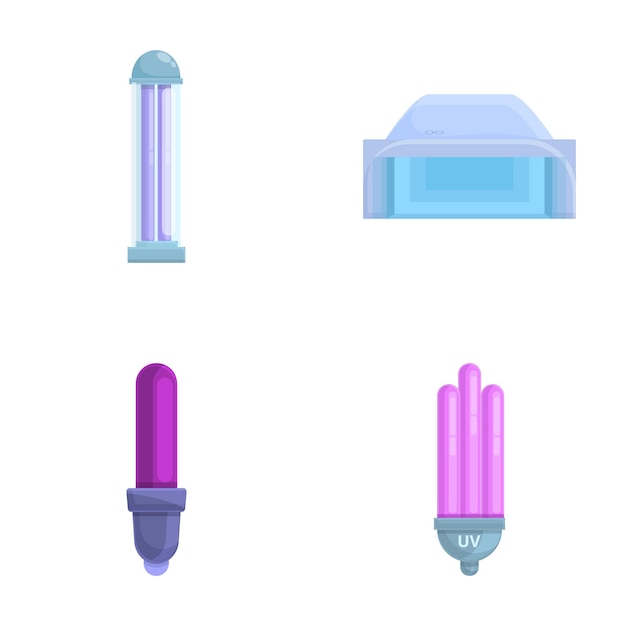 Vetor set de ícones de lâmpada ultravioleta vetor de desenho animado várias lâmpadas luminosas com raios uv