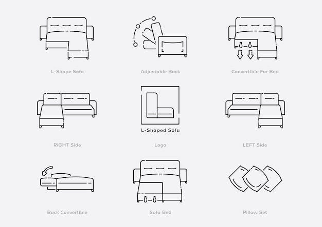 Vetor set de ícones de linha de sofá inteligente em forma de l com função inteligente conversível para ilustração vetorial de cama