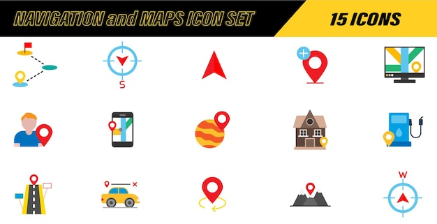 Vetor set de ícones de navegação e mapas mapa de localização endereço de localização gps ponteiro ícones de direção localização