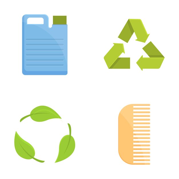 Set de ícones de reciclagem vetor de desenho animado vários itens e sinal de reciclar