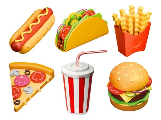 Set de ícones de renderização realista de fast food 3D Ilustração vetorial de comida de rua