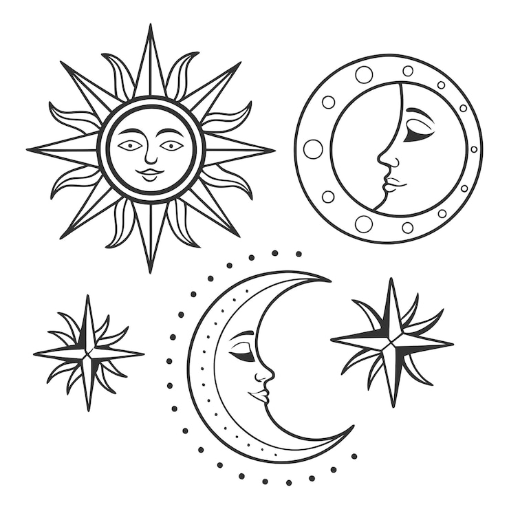 Vetor set de ícones de sol e lua de silhueta minimalista