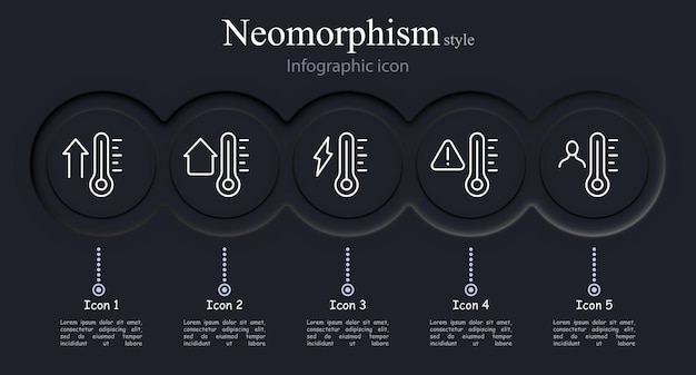 Vetor set de ícones de termômetros para casa, tempo, raio, ameaça, precipitação, temperatura, fahrenheit, celsius, estilo de neomorfismo, ícone de linha vetorial para negócios e publicidade