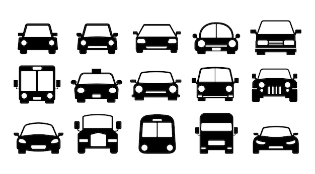 Set de ícones de vetor de transporte preto Símbolo de carros e veículos Tráfego Desenho de ilustração de arte de clipe