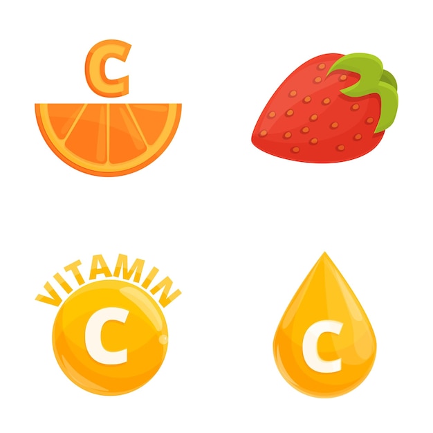 Vetor set de ícones de vitamina c vetor de desenho animado frutas frescas enriquecidas com ácido ascórbico