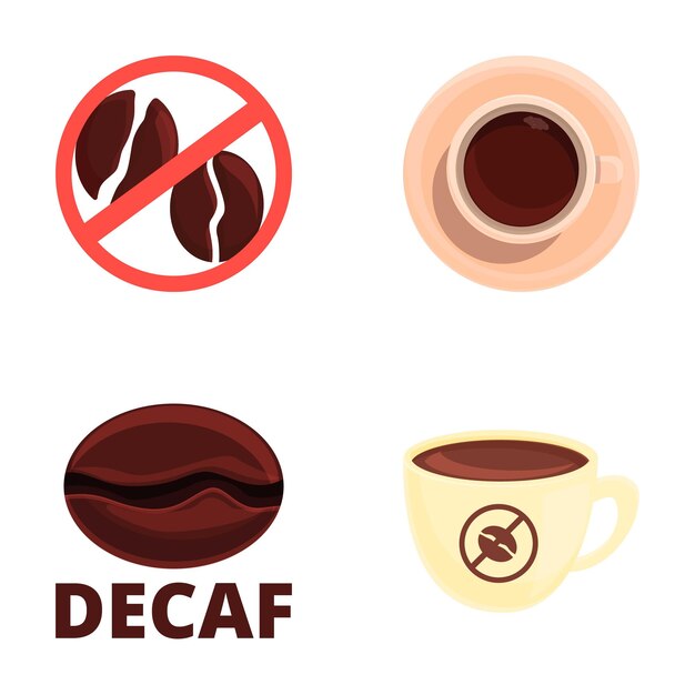 Set de ícones descafeinados vetor de desenho animado xícara de café descafeinhado quente