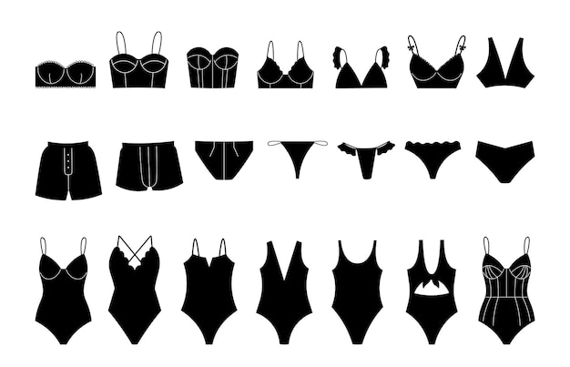 Set de ícones pretos de lingerie Calcinhas masculinas e femininas, sutiãs e trajes de banho femininos, silhuetas, design de trajes de Banho, coleção vetorial de roupas íntimas de moda