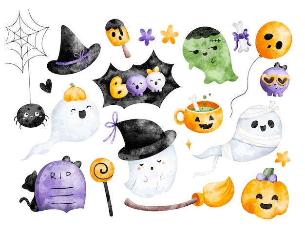 Set de ilustrações aquareladas de adoráveis ornamentos de fantasmas e Halloween