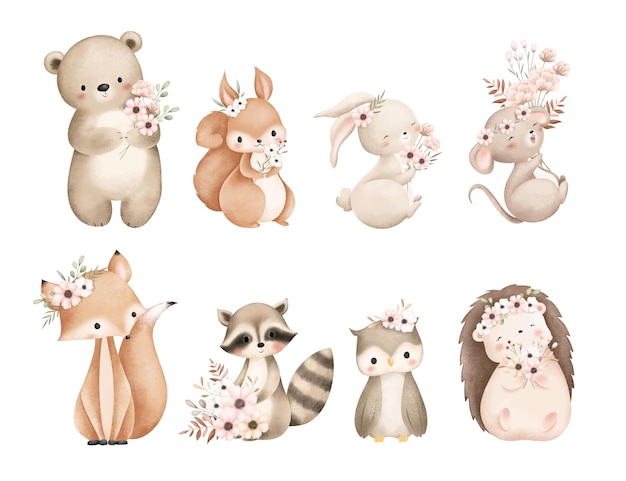Set de ilustrações aquareladas de animais e flores da floresta