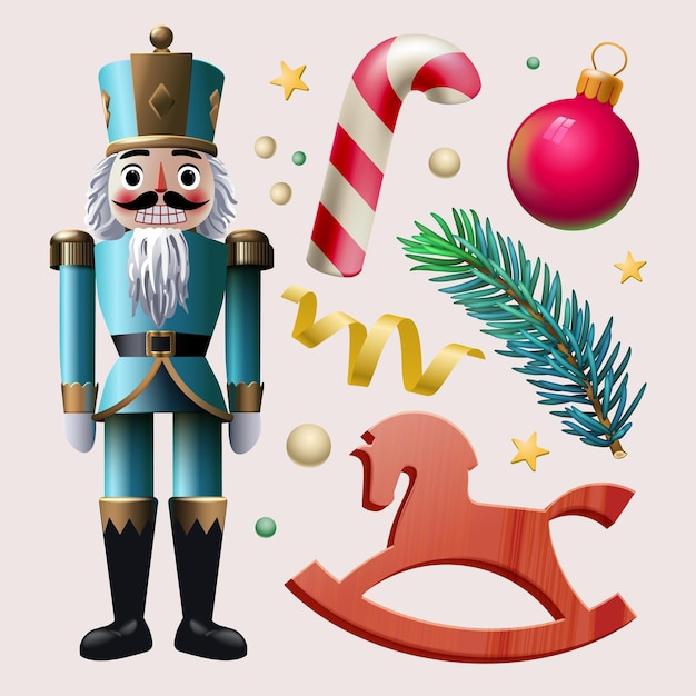 Set de ilustrações vetoriais de Natal personagens quebra-nozes cavalo de balanço bola de doces de Natal