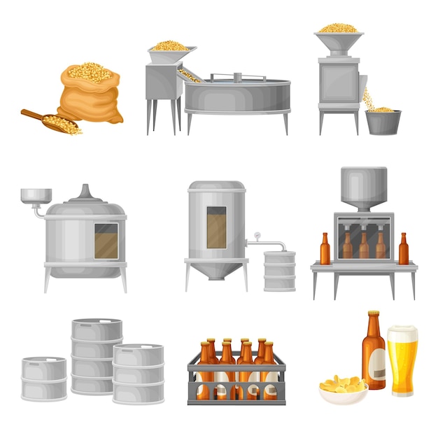 Vetor set de ilustrações vetoriais do processo de produção de cerveja com colheita de grãos de cereais, fermentação e engarrafamento