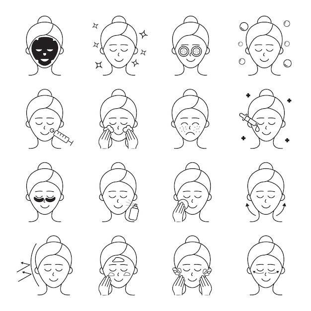Set de ilustrações vetoriais sobre cuidados com a pele facial