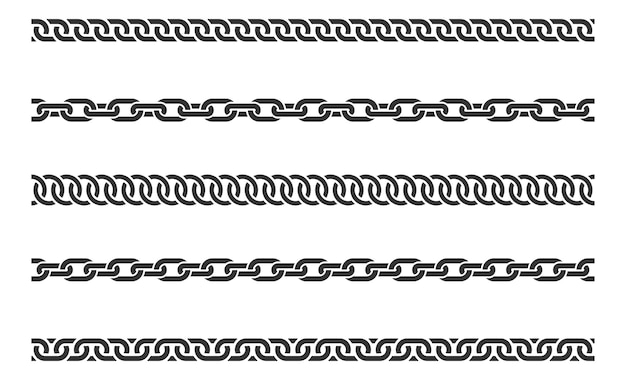 Set de ligação de cadeia sem costura silueta de cadeias diferentes em preto e branco isoladas no fundo elementos de design de linha chainlet