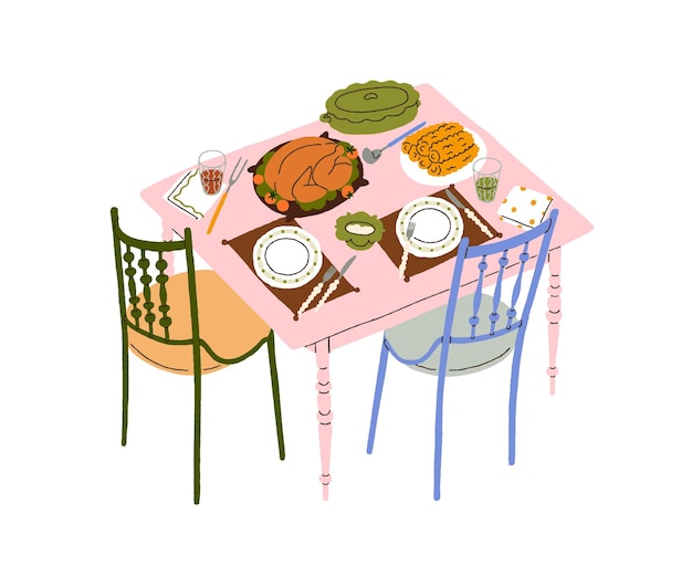 Vetor set de mesa de jantar de férias servido para jantar festivo em casa pratos saborosos comida assada peru frango caseiro comer para a refeição da noite ilustração vetorial plana isolada em fundo branco