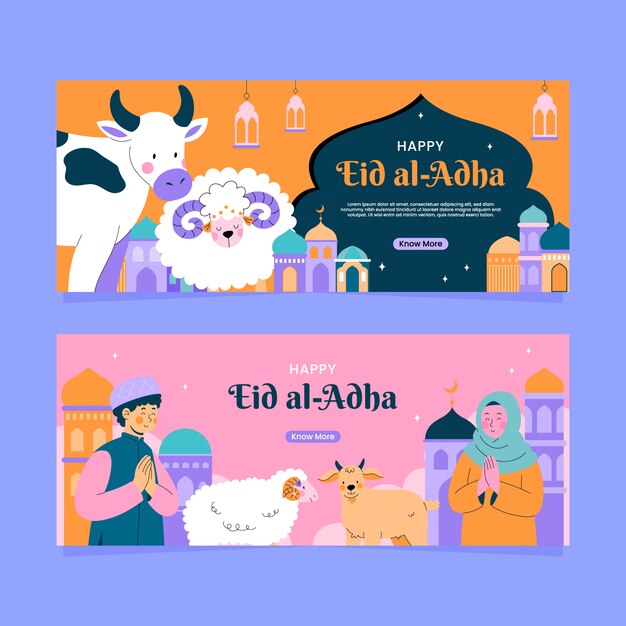 Set de modelos de bandeiras horizontais de eid-al-adha desenhadas à mão