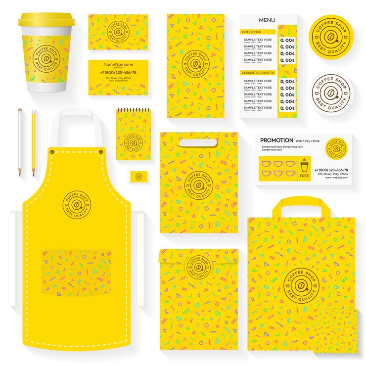 Vetor set de modelos de identidade corporativa de café com padrão geométrico amarelo de memphis e logotipo de café. set de cartão de café de restaurante, panfleto, menu, pacote, conjunto de design uniforme. ilustração vetorial
