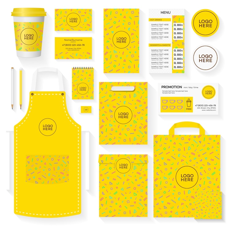 Vetor set de modelos de identidade corporativa de cafés com padrão geométrico amarelo de memphis e lugar para o seu logotipo. set de cartão de café de restaurante, folheto, menu, pacote, conjunto de design uniforme. ilustração vetorial