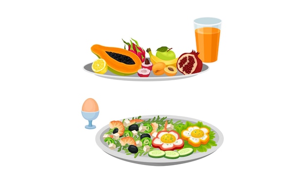 Set de pequeno-almoço saudável frutas legumes e ilustração vetorial de alimentos saudáveis equilibrados