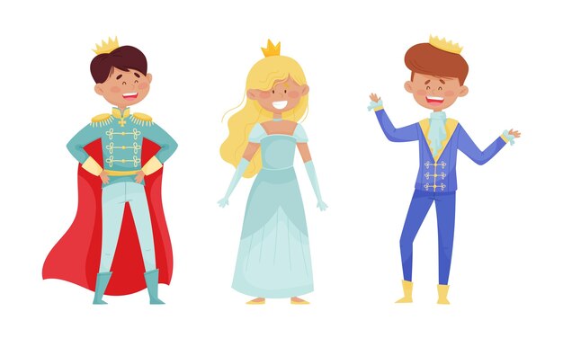 Set de pequenos príncipes e princesas felizes Crianças felizes adoráveis vestidas com trajes de carnaval Ilustração vetorial de desenhos animados