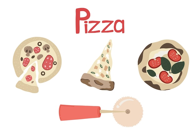 Set de pizzas com ícones desenhados à mão