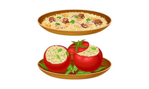 Set de pratos da culinária árabe Pilaf e pimentas recheadas ilustração vetorial