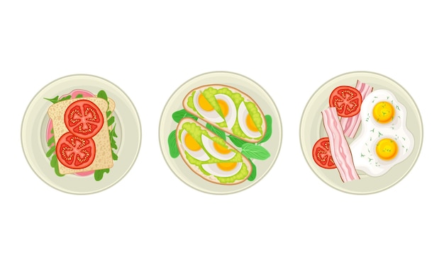 Set de pratos tradicionais para o pequeno-almoço Vista superior de sanduíches de ovos e presunto servidos em pratos Ilustração vetorial