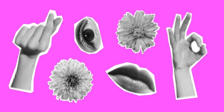 Vetor set de primavera de flores retrô de meio tom mãos lábios e olhos colagem de meio tom elementos florais papel rasgado coleção pop de moda corte de papel partes humanas e flores em fundo rosa