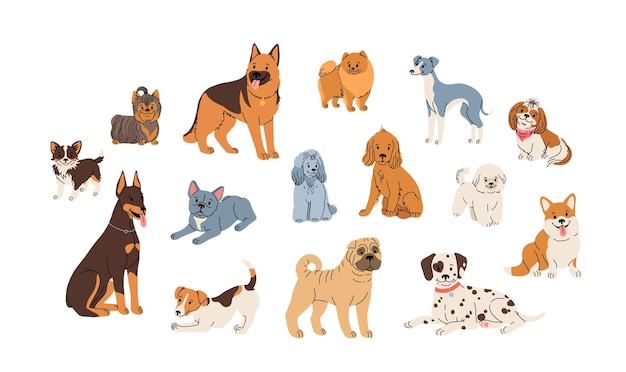 Set de raças de cães Ilustração plana bonita em estilo de desenho animado em fundo branco Doberman Chihuahua Yorkshire Jack Russell Shar Pei Dalmatian Cocker Spaniel Shih Tzu e outros animais de estimação em vetor