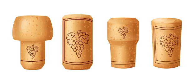 Set de rolha de cortiça de vinho de madeira com textura de desenho animado de madeira de cortiza com vetor de cachos de uvas