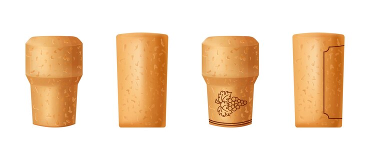 Vetor set de rolha de cortiça de vinho de madeira com textura de desenho animado enchimento de madeira de cortiza com grão de uva ilustração vetorial em fundo branco