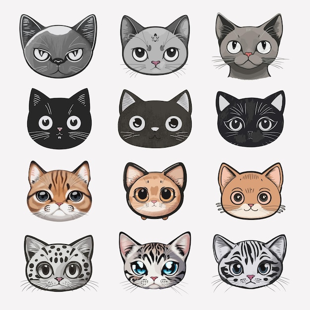 Vetor set de rostos de gatos de desenho animado retrato de gato doméstico fofo amigo mamífero de quatro pernas