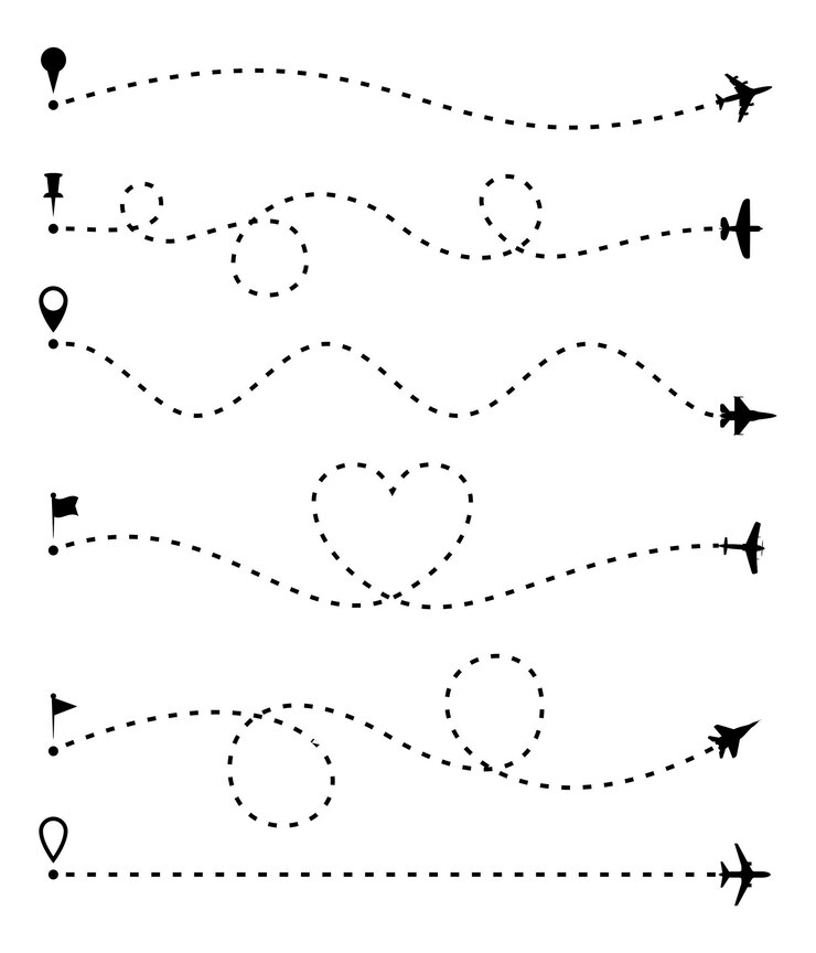 Vetor set de rotas de avião traço de linha traçada e rotas de plano linha de plano trajetória de aeronaves e símbolos de pinos