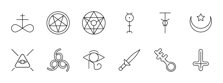 Vetor set de seita ícone pentagrama sigilo de baphomet ritual punhal sacrifícios cruz invertida satanás 666 olho chave crescente com estrela infinito sinal adoração crença fé persuasão conceito de culto