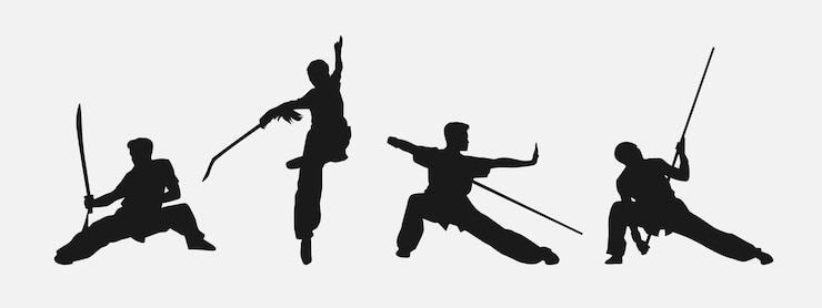 Vetor set de silhuetas de wushu artos marciais atletas de wushu diferentes posturas de movimento de ação vector gráfico