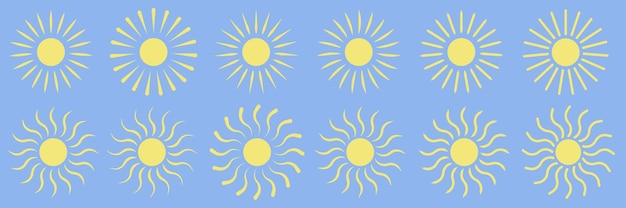 Set de símbolos vetoriais de ícones de sol forma de desenho animado de sol amarelo plano isolado em fundo branco