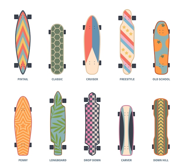 Set de skate de cores longboards de desenho animado skateboards decorativos de diferentes tipos equipamento de esportes extremos de adolescentes hipster visão frontal vector clássico de escultor e freestyle atual