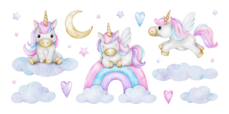 Vetor set de unicórnios com arco-íris, crescente, lua, nuvens, estrelas e corações ilustrações de aquarela desenhadas à mão isoladas para meninas, roupas, baby shower e cartões de aniversário, cartazes, adesivos, design de embalagem