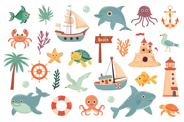 Set de verão náutico Animais marinhos bonitos Elementos náuticos Plantas marinhas Férias de verão tropicais