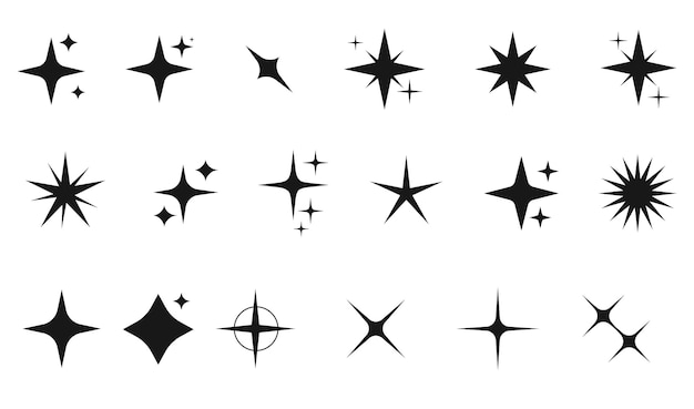 Set de vetores de brilho ou brilho de dezoito estrelas diferentes em cor preta em fundo branco Sparkle st