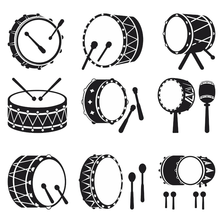 Vetor set de vetores de silhueta de ícones de tambor